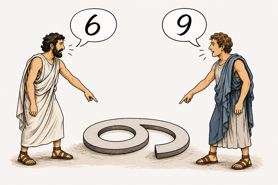 Dwóch mężczyzn patrzy na ten sam znak z przeciwnych stron. Jeden odczytuje go jako cyfrę „6”, drugi jako „9”. Ilustracja przedstawia, że ten sam obiekt może być różnie interpretowany w zależności od perspektywy.