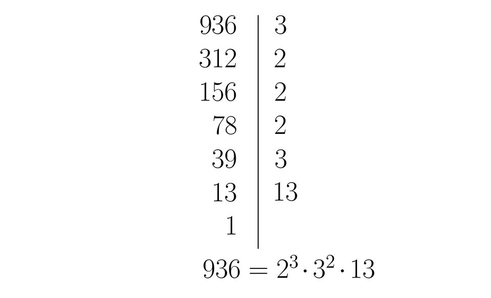 Na ilustracji przedstawiono dwa pionowe rzędy liczb oddzielone prostą. Po lewej stronie prostej zapisano kolejno od góry 936, 312, 156, 78, 39, 13 oraz jeden. Po prawej stronie zapisano kolejno od góry 3, 2, 2, 2, 3 oraz trzynaście. Poniżej zapisano równanie. dziewięćset trzydzieści sześć, równa się, dwa indeks górny, trzy, koniec indeksu górnego, × trzy indeks górny, trzy, koniec indeksu górnego, × trzynaście.