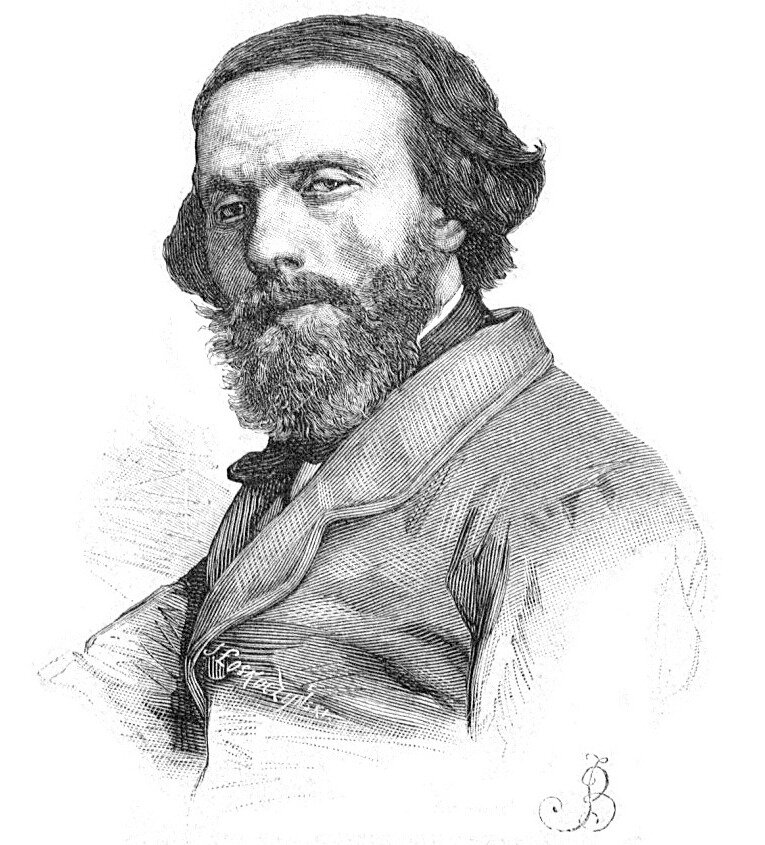 Ilustracja przedstawia portret mężczyzny w średnim wieku, z dłuższymi włosami zaczesanymi na bok, brodą, bokobrodami oraz wąsami. Mężczyzna ma wysokie czoło, głęboko osadzone oczy, długi, prosty nos. Ubrany jest w marynarkę, koszulę oraz fular, apaszkę pod szyją. 