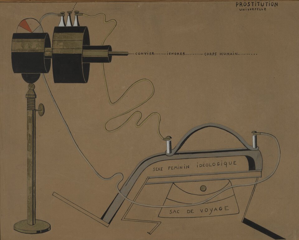 Ilustracja przedstawia obraz Francisa Picabia pt. „Uniwersalna prostytucja”. W lewej części jest konstrukcja. Stoi na cienkiej, metalowej nóżce. Do niej u góry przylega czarny walec. Nad nim widoczny półokrąg w środku podzielony na cztery części. Dwie z nich są koloru czerwonego i niebieskiego. Zaraz obok jest drugi walec o większej średnicy. Na górze walca są trzy wystające bolce. Do dwóch zewnętrznych bolców przyczepione są przewody. Oba walce są ograniczone, okrągłą rurką. Jest dużo cienia od obu walców. W środkowej części jest druga konstrukcja. Jest szara i wygląda na kawałek metalowego pręta wygiętego w kilku miejscach. Wystają z niej dwa bolce. Są do nich przywiązane przewody, które wychodziły z drugiego walca. Pod konstrukcją jest napisanych kilka wyrazów.