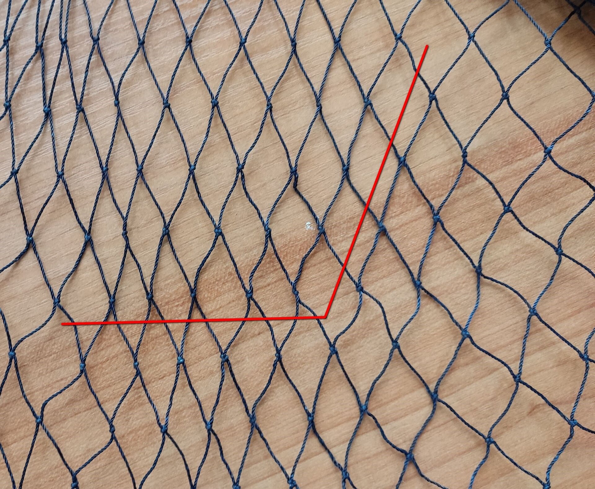 Zdjęcie przedstawia cięcie kombinowane. Składa się ono z cięcia prostego (cięcie przyległych boków oczek równolegle do długości lub szerokości sieci) oraz cięcia skośnego (cięcie przeciwległych boków oczek).