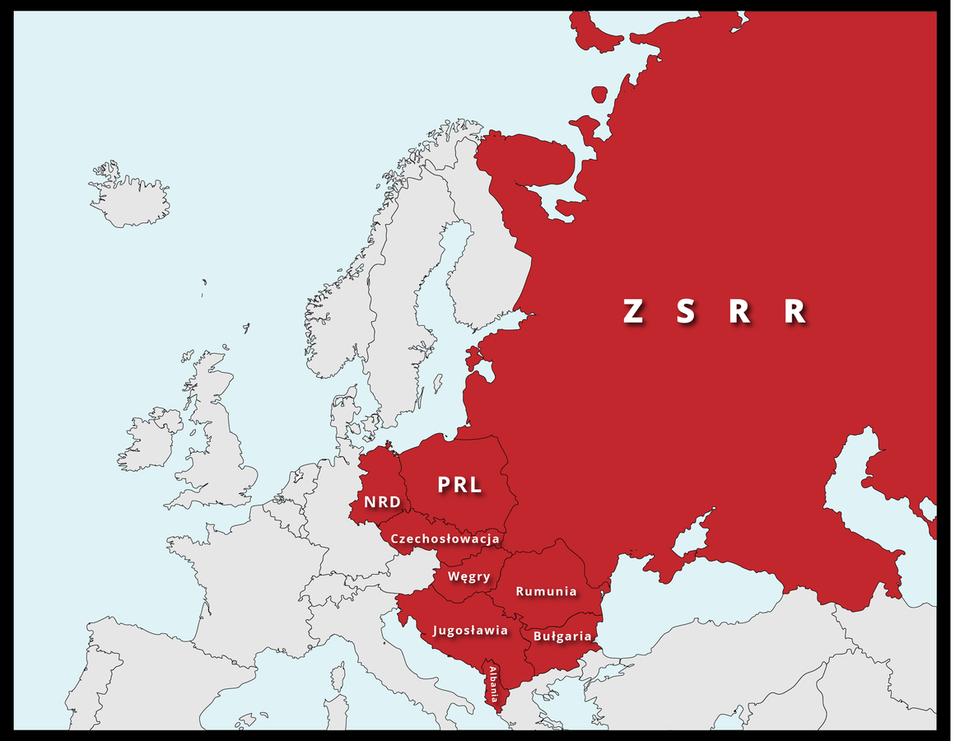 Mapa Europy przedstawia kraje po II wojnie światowej pozostające w strefie wpływów ZSRR. Kraje te są oznaczone na kolor czerwony; pozostałe państwa zaznaczono kolorem białym. Duży obszar mapy zajmuje Związek Socjalistycznych Republik Radzieckich. Kraje należące do strefy wpływów ZSRR to głównie kraje Europy Wschodniej: PRL, NRD, Czechosłowacja, Węgry, Rumunia, Jugosławia, Bułgaria oraz Albania.