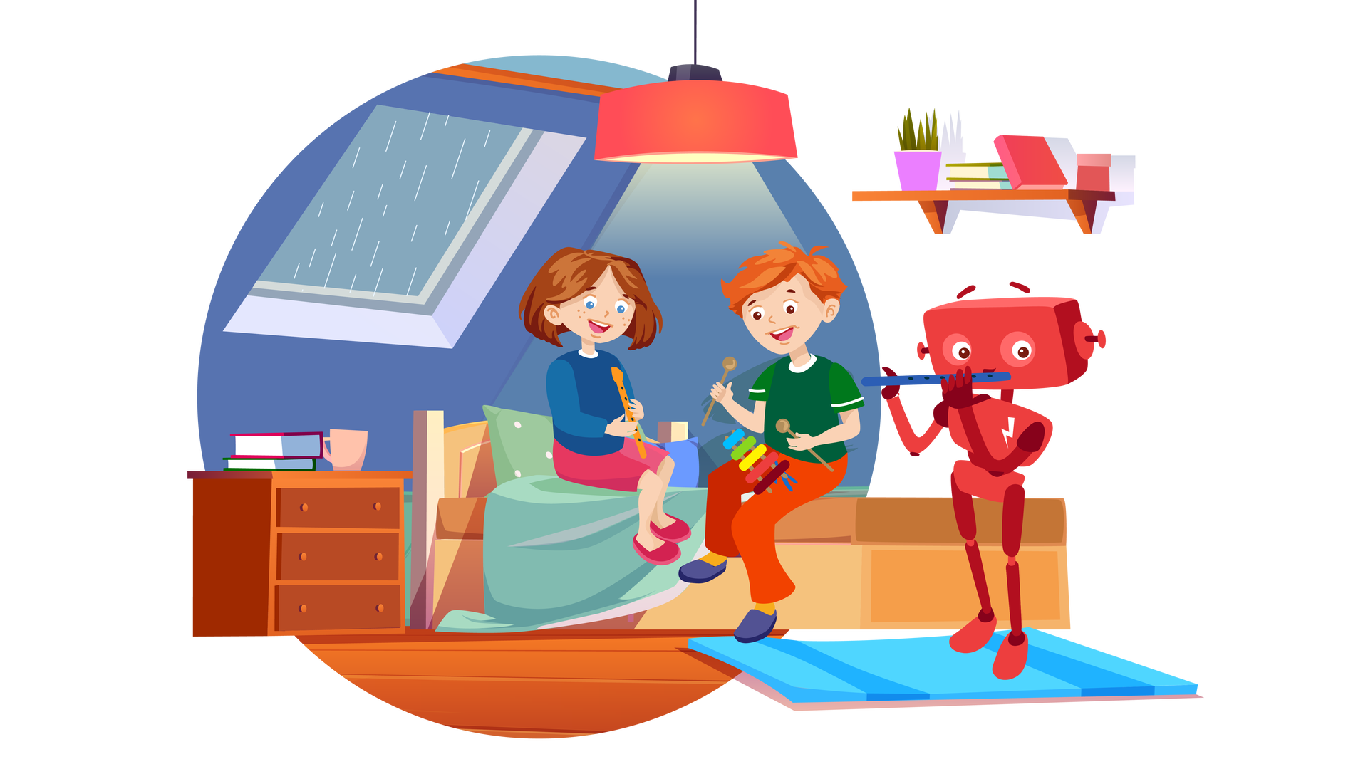 Ilustracja przedstawia pokój Franka i Mai. W tle znajduje się ukośna ciemnoniebieską ściana z oknem dachowym, za którym widać szare niebo i padający deszcz. Po prawej stronie ilustracji, na drugiej ścianie, wisi brązowa półka. Na półce, od lewej strony, znajdują się: zielona roślina w fioletowej donicy, trzy książki i małe czerwone pudełko z pokrywką. Po lewej stronie pomieszczenia, pod oknem, stoi brązowa szafka z trzema szufladami. Na szafce są dwie książki ułożone jedna na drugiej i beżowy kubek. Na prawo od szafki stoi jasnobrązowe łóżko z zieloną poduszką i kołdrą. Na łóżku siedzą maja i Franek. Maja jest ubrana w granatową bluzę z długimi ciemnoniebieskimi rękawami, krótkie ciemnoróżowe spodnie i ciemnoróżowe buty. Patrzy na pomarańczowy flet, który trzyma w rękach. Flet to podłużny drewniany instrument z dziurkami i ustnikiem, czyli elementem, przez który wdmuchuje się powietrze. Franek jest ubrany w ciemnozieloną koszulkę z krótkimi rękawami, długie ciemnopomarańczowe spodnie, pomarańczowe skarpety i granatowe buty. W rękach trzyma dwie brązowe pałeczki, którymi gra na kolorowych cymbałkach znajdujących się na jego kolanach. Cymbałki składają się z kilku kolorowych blaszek ułożonych w kolejności od najdłuższej do najkrótszej oraz dwóch pałeczek służących do uderzania w blaszki. Na prawo od łóżka, na drewnianej podłodze, leży prostokątny niebieski dywan. Na dywanie stoi Zgrzytek. Jest to czerwony robot o prostokątnej głowie z krótkimi antenkami zamiast uszu, dwiema rękami i dwiema nogami. Na przedniej części jego tułowia widnieje biały znaczek w postaci błyskawicy. Zgrzytek gra na granatowym flecie.