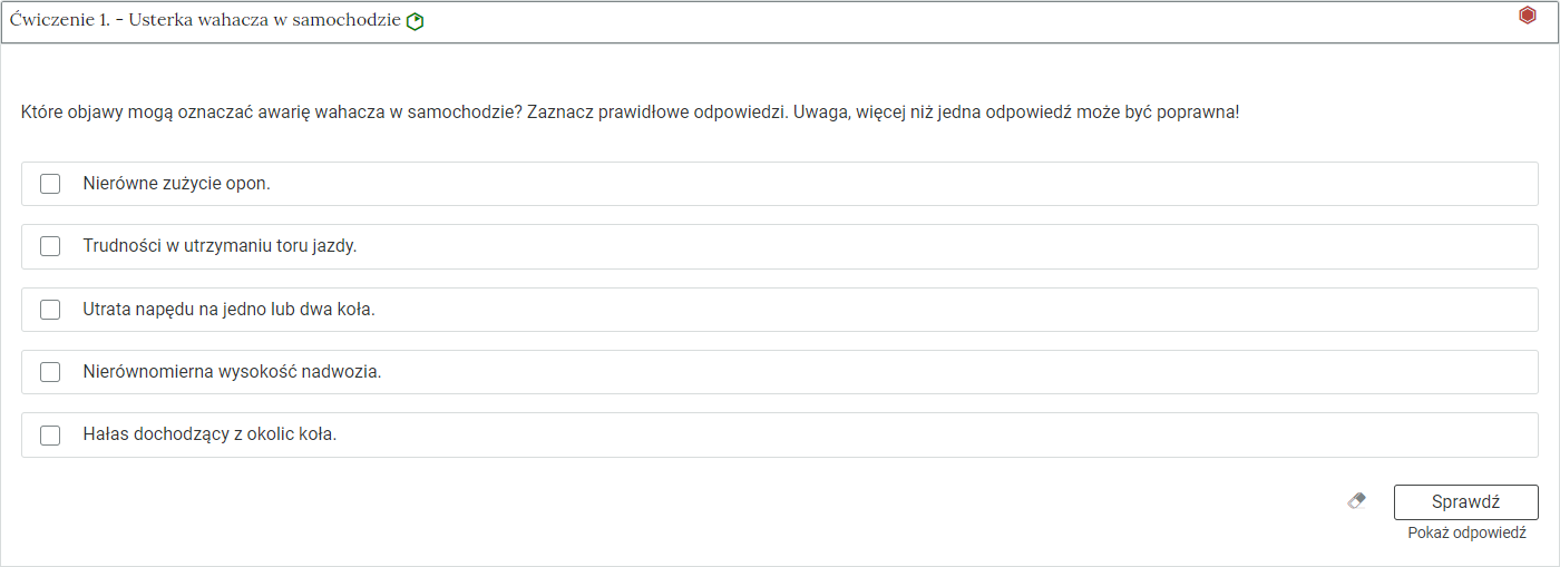 Zdjęcie przedstawia otwartą zakładkę z przykładowym zadaniem. Pod nazwą zakładki znajduje się polecenie. Pod poleceniem widać treść zadania z odpowiedziami do wyboru. Po prawej stronie polecenia widać żółty sześciokąt. Poniżej zadania, po prawej stronie panelu znajduje się ikona sprawdź. Po jej lewej stronie widać symbol gumki. Poniżej przycisku sprawdź znajduje się napis pokaż odpowiedź.