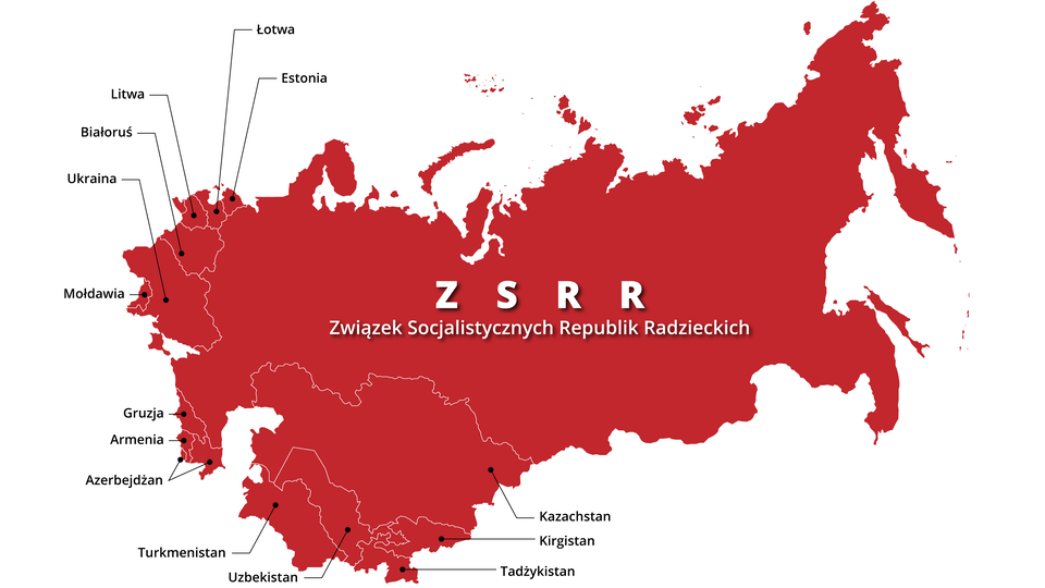 Mapa dawnego ZSRR przedstawia teren państwa z wyodrębnionymi byłymi republikami radzieckimi. Tereny należące niegdyś do tego państwa zaznaczono na kolor czerwony. Białymi konturami oznaczono granice krajów, które uzyskały od ZSRR niepodległość po jego upadku w 1991 roku. Przy zachodniej granicy dawnego ZSRR leży Estonia, Łotwa, Litwa, Białoruś, Ukraina oraz Mołdawia. Przy granicy między Morzem Czarnym a Kaspijskim znajduje się Gruzja, Armenia oraz Azerbejdżan. Na wschód od Morza Kaspijskiego, przy południowej granicy państwa leży Kazachstan, Uzbekistan, Turkmenistan, Kirgistan oraz Tadżykistan.