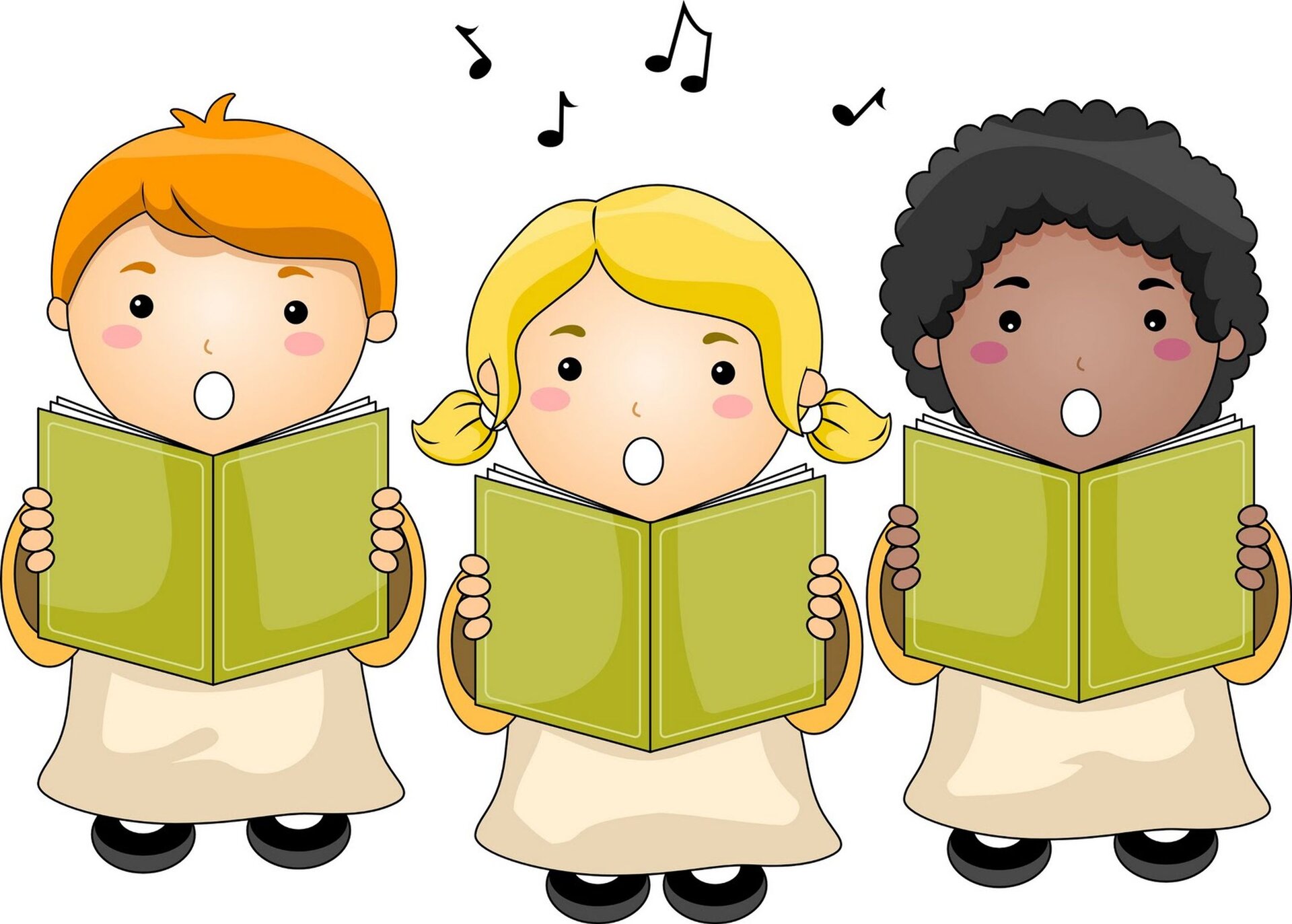 Ilustracja przedstawia tercet. Widoczny jest rysunek trójki dzieci śpiewających piosenkę przy użyciu śpiewników.