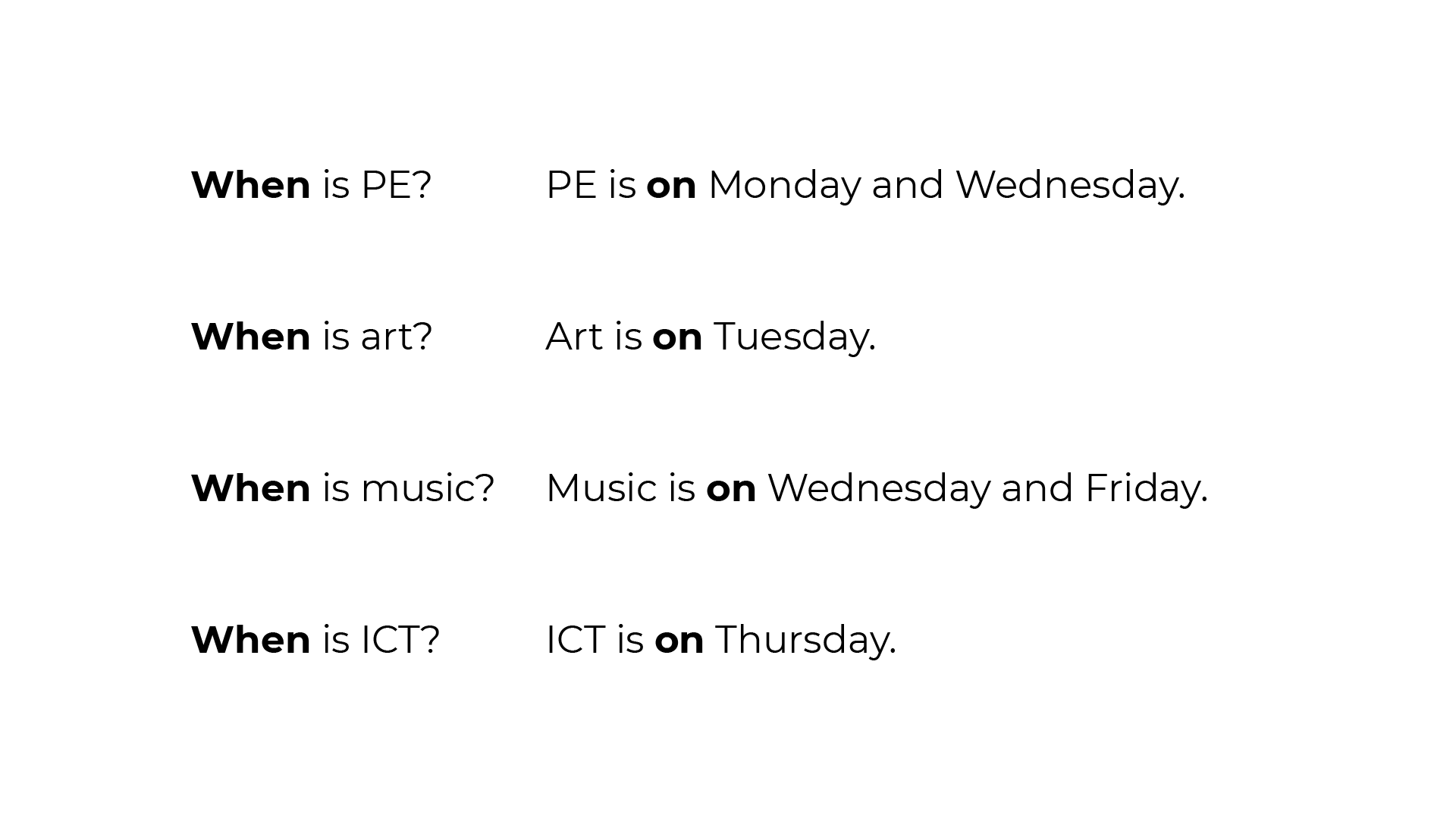 Ilustracja przedstawia cztery pytania i cztery odpowiedzi do nich. Są to kolejno pytania i odpowiedzi:  When is PE? PE is on Monday and Wednesday. When is art? Art is on Tuesday. When is music? Music is on Wednesday and Friday. When is ICT? ICT is on Thursday. 