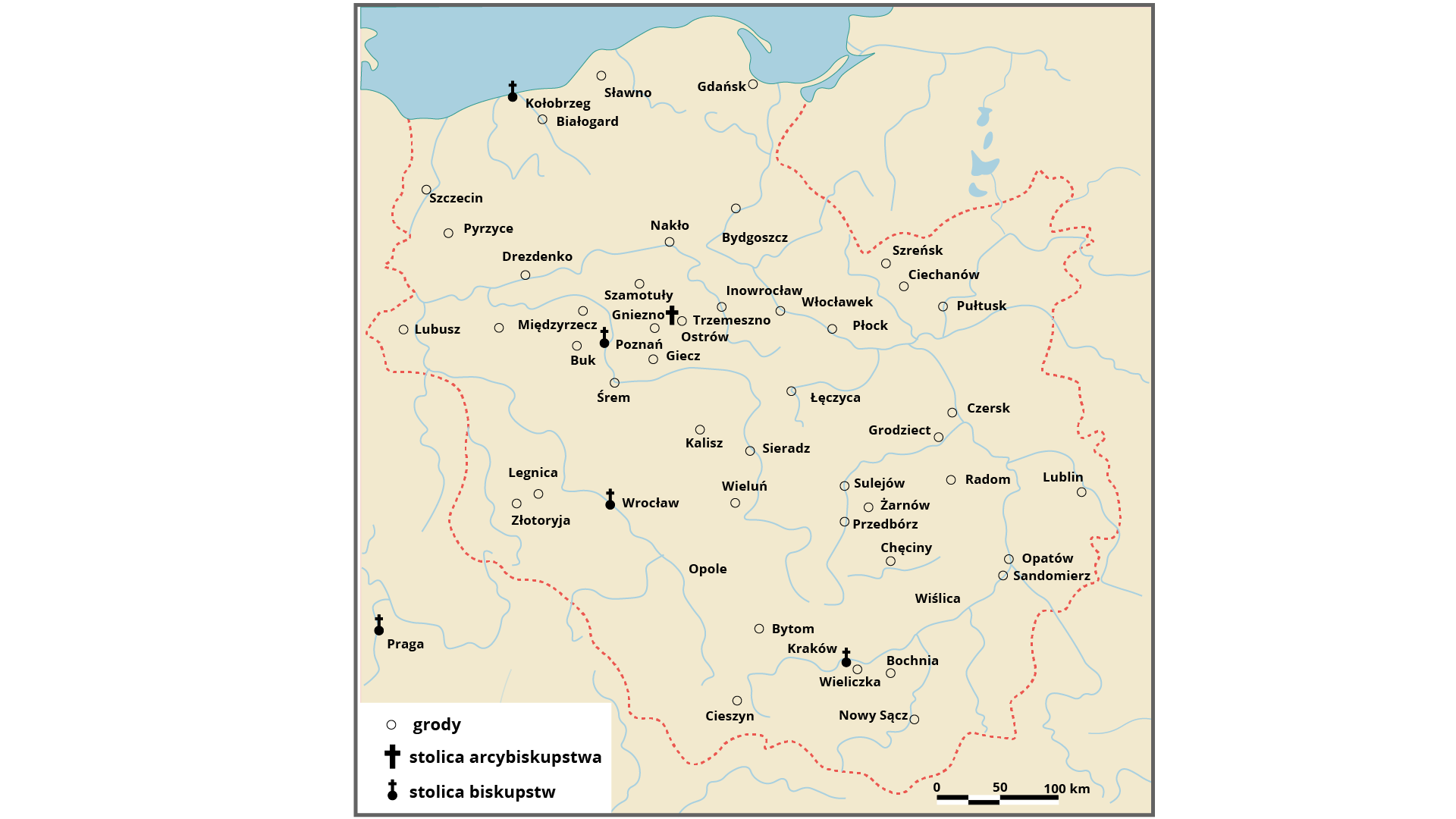 Na mapie Polski zaznaczono ważniejsze grody w Polsce za panowania Bolesława Chrobrego (ok. 1000 r.). Grody: Sławno, Gdańsk, Białogard, Szczecin, Pyrzyce, Drezdenko, Nakło, Bydgoszcz, Szreńsk, Ciechanów, Pułtusk, Płock, Włocławek, Inowrocław, Szamotuły, Trzemeszno, Ostrów, Giecz, Międzyrzecz, Buk, Lubusz, Śrem, Sieradz, Łęczyca, Grodziec, Czersk, Lublin, Opatów, Sandomierz, Chęciny, Przedbórz, Żarnów, Sulejów, Sieradz, Wieliczka, Legnica, Złotoryja, Bytom, Cieszyn, Nowy Sącz. Stolica arcybiskupstwa Gniezno. Stolica biskupstwa: Kołobrzeg, Wrocław, Kraków, Poznań. 
