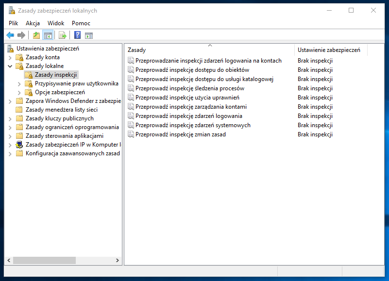 Zrzut ekranu przedstawia aplikację Zasady zabezpieczeń lokalnych.  Po lewej stronie znajduje się menu, w którym rozwinięto Zasady lokalne a następnie Zasady inspekcji.  Po prawej stornie znajduje się lista zasad.  