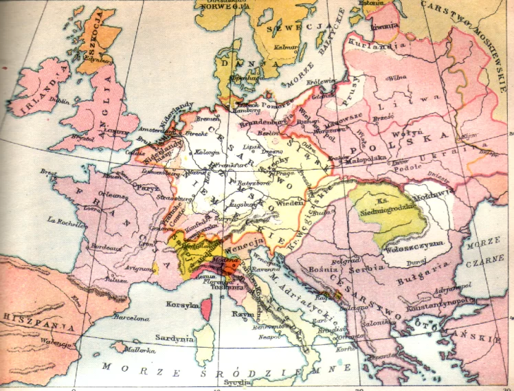 Kliknij, aby powiększyć Na ilustracji znajduje się stara mapa polityczna Europy z krajami oznaczonymi różnymi kolorami. Polska zajmuje większy obszar niż dziś, a jej granice są przesunięte bardziej na wschód. Znajduje się w prawym górnym rogu mapy. Na jej obszarze widnieją napisy od góry: Litwa, Polska, Ukraina. W centrum mapy znajduje się jasny obszar podpisany "Cesarstwo Rzymsko Niemieckie", obok niego po lewej stronie znajduje się obszar podpisany "Francja"; nad nim znajdują się dwie wyspy: wyspa po prawej stronie podpisana jest od góry: "Szkocja", "Anglia", zaś wyspa po lewej stronie nosi napis "Irlandia". W lewym dolnym rogu mapy znajduje się obszar podpisany Hiszpania, obok którego widoczne jest Morze Śródziemne; w prawym dolnym rogu mapy znajduje się Cesarstwo Otomańskie; obok znajduje się Morze Czarne; w prawym górnym rogu, nad Polską widoczny jest fragment obszaru podpisany: Cesarstwo Moskiewskie. Obok Polski znajduje się Morze Batyckie oddzielające ją od Szwecji i Danii, które znajdują się u góry mapy.