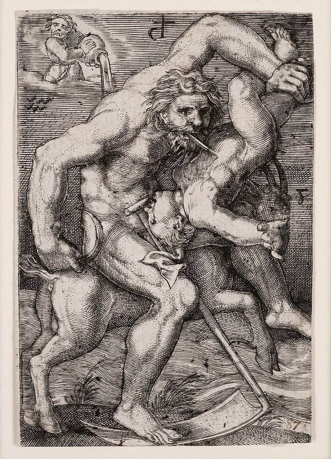 Czarno‑biała rycina przedstawia potężnego, umięśnionego i nagiego mężczyznę, który siedzi na koźle. Lewą dłonią uniesioną wysoko trzyma za nogę małe dziecko, które pożera. O nogę mężczyzny oparta jest kosa, której ostrze jest skierowane w dół. W lewym górnym rogu widnieje sylwetka postaci trzymającej w dłoniach dzban, z którego wylewa się płyn.