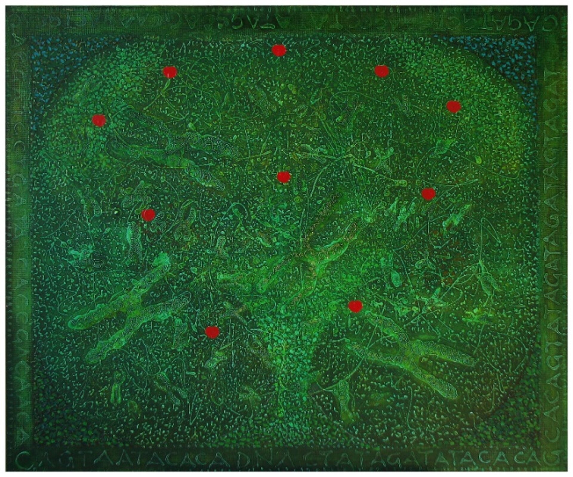 Ilustracja. W centrum zamkniętej kompozycji, na zielonym tle ukazane zostało drzewo. Namalowana przy pomocy luźno kładzionych plam o różnej strukturze, niemal abstrakcyjna zielona roślina wtapia się w tło obrazu. Jedynymi mocnymi akcentami monochromatycznej kompozycji są jabłka, które artysta zaznaczył jako czerwone, małe kropki rozmieszczone na powierzchni rozłożystej korony jabłoni. 