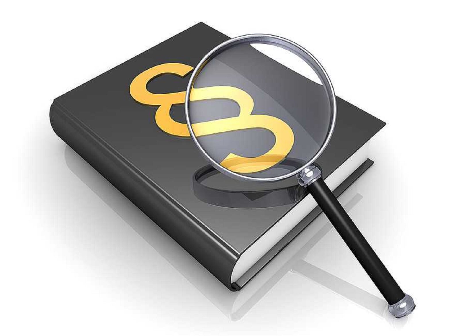 Ilustracja „Księga prawa” przedstawia książkę z czarną okładką. Na okładce jest złoty symbol oznaczający paragraf. Przed książką jest lupa z czarną rączką. Tło ilustracji jest białe.