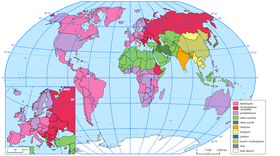 Na mapie świata przedstawiono panującą w danym kraju religię. Kościół katolicki: Kanada, Ameryka Łacińska z wyjątkiem Gwatemali, Surinam, Gujany, Europa: Polska, Litwa, Czechy, Słowacja, Austria, Belgia, Holandia, Francja, Portugalia, Hiszpania, Irlandia, Włochy, Słowenia, Chorwacja, Węgry; Afryka: Togo, Benin, Kamerun, Sudan Południowy, Gabon, Angola, Tanzania, Mozambik; Azja: Filipiny. Kościoły wschodnie: Erytrea, Etiopia, Rosja, Estonia, Białoruś, Ukraina, Rumunia, Bułgaria, Grecja, Bośnia i Hercegowina, Serbia, Mołdawia, Czarnogóra, Gruzja, Armenia. Islam sunnicki: kraje Afryki Północnej, Albania, Macedonia, Turcja, Emiraty Arabskie, Arabia Saudyjska, Oman, Jemen, Katar, Kuwejt, Jordania, Syria, Kazachstan, Turkmenistan,  Uzbekistan, Tadżykistan,  Kirgistan, Indonezja. Islam szyicki: Iran, Irak, Azerbejdżan, Bangladesz. Hinduizm: Indie, Nepal. Buddyzm: Mongolia, Birma, Tajlandia, Laos, Kambodża, Wietnam, Bhutan, Sri Lanka. Judaizm: Izrael. Taoizm i konfucjanizm: Chiny. Pozostałe państwa  są protestanckie. Inne religie: Japonia, Korea Północna i Południowa. 