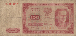 Zdjęcie przedstawia awers banknotu 100 złotowego. Widać nominał, orła (bez korony) i twarz mężczyzny, Wincentego Pstrowskiego, przodownika pracy.