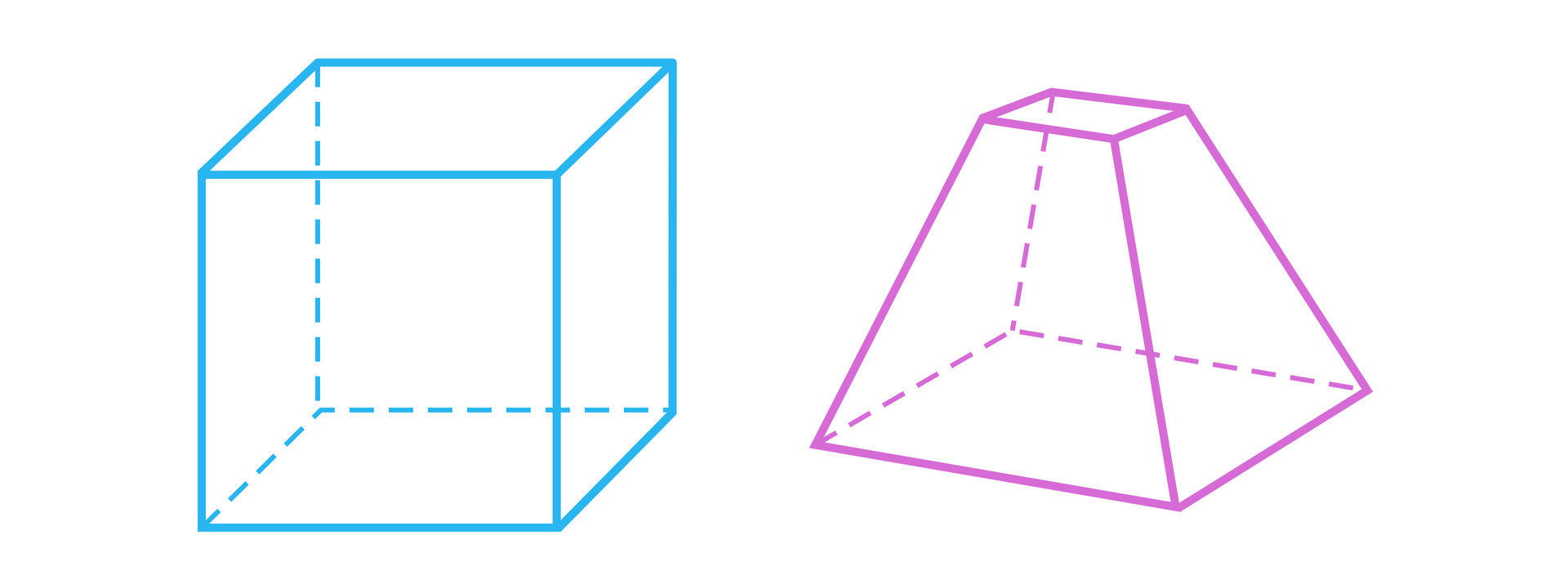 Ilustracja przedstawia dwie figury geometryczne. Pierwsza figura to sześcian. Druga figura to ostrosłup ścięty czworokątny.