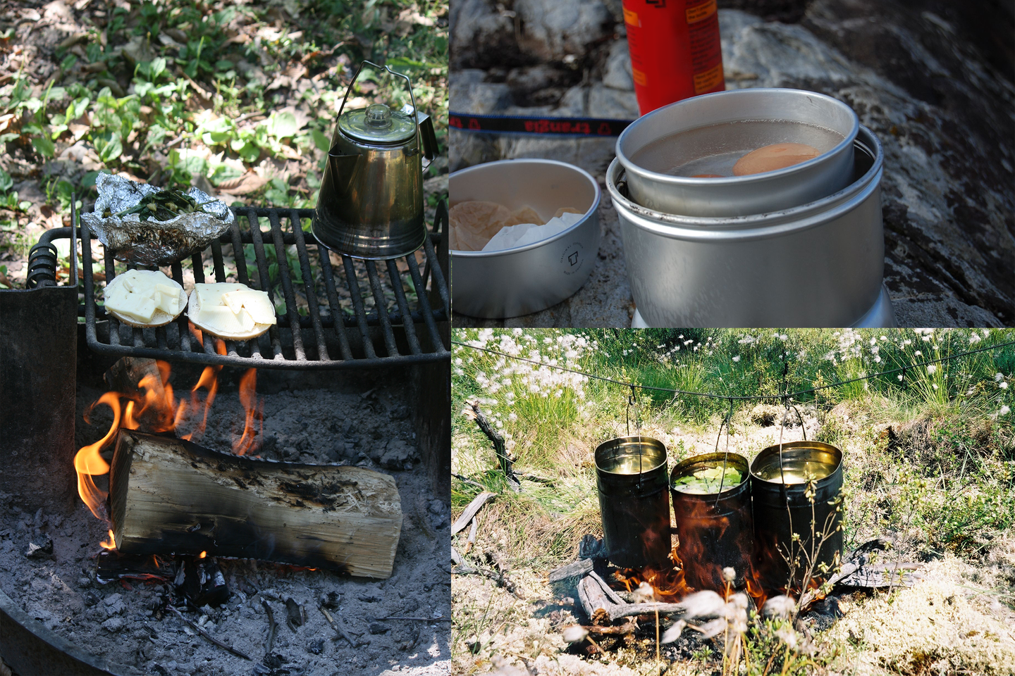 Trzy fotografie. Zdjęcia przedstawiają użytkowanie metalowych pojemników na biwaku takich jak: menażka, wiaderka, czajnik oraz metalowy ruszt służący do pieczenia.