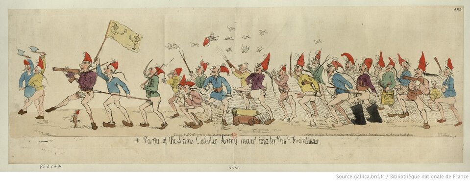 Ilustracja przedstawia grupę mężczyzn idących jeden za drugim. Są ubrani w kolorowe stroje i mają czapki przypominające szlafmyce. Niektórzy z nich mają instrumenty, inni widły. Żaden z nich nie ma spodni. Wszyscy dobrze się bawią.