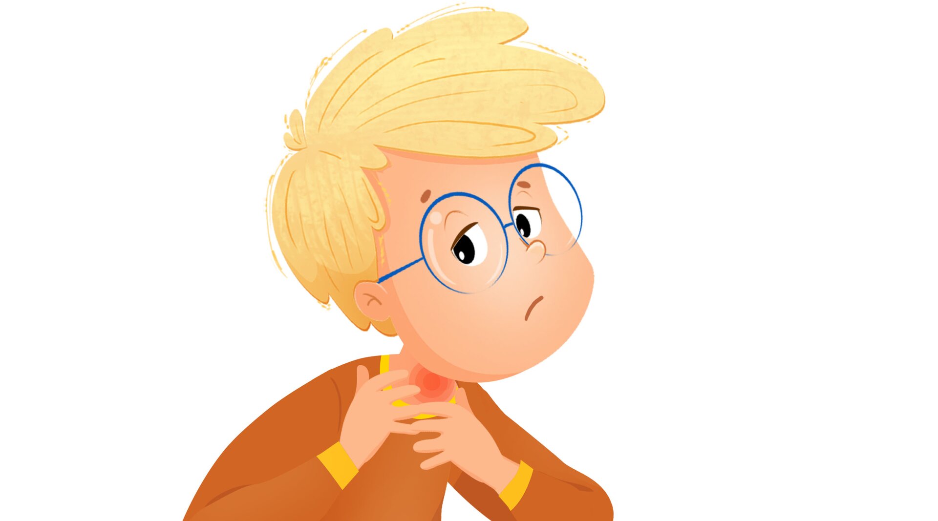 Na ilustracji znajduje się chłopiec z bolącym gardłem.