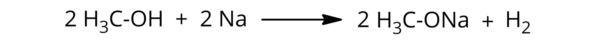 Ilustracja przedstawiająca równanie reakcji chemicznej pomiędzy alkoholem metylowym a sodem w zapisie cząsteczkowym. Dwie cząsteczki metanolu o strukturze zbudowanej z podstawnika metylowego CH3  połączonego z grupą hydroksylową dodać dwa atomy sodu. Strzałka w prawo, za strzałką dwie cząsteczki metanolanu o strukturze zbudowanej podstawnika metylowego CH3  połączonego z grupą ONa dodać cząsteczka wodoru.