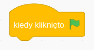 Ilustracja przedstawia jeden z bloków programu  Scratch z napisem kiedy kliknięto oraz zieloną flagą.