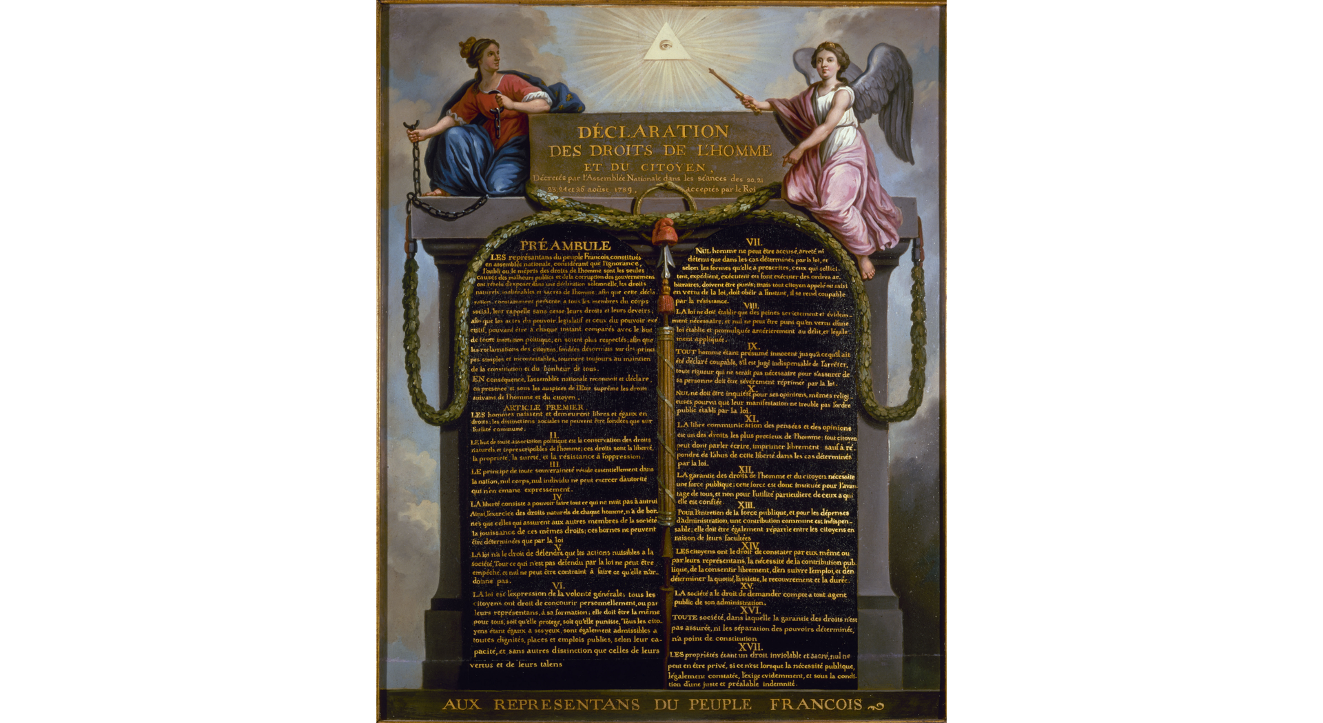 Grafika przedstawia Powszechną Deklarację Praw Człowieka. Są to dwie zapisane tablice, wyglądem przypominające Dekalog. Nad tablicami znajdują się dwie postacie.