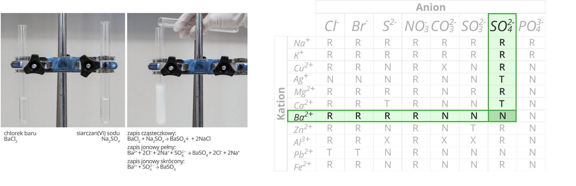 Ilustracja składa się z dwóch zdjęć oraz tabeli umieszczonych w jednym szeregu obok siebie. Zdjęcia dodatkowo zaopatrzone są w podpisy. Pierwsze zdjęcie z lewej strony przedstawia dwie probówki unieruchomione w podwójnej łapie statywu. Podpis pod lewą probówką informuje, że znajdującą się w niej bezbarwną cieczą jest roztwór chlorku baru o wzorze BaCl2. Podpis pod prawą probówką informuje, że bezbarwna ciecz wewnątrz naczynia to roztwór siarczanu sześć sodu o wzorze Na2SO4. Drugie zdjęcie przedstawia moment przelewania zawartości prawej probówki do lewej. Zachodzi reakcja w wyniku której wytrąca się biały osad. Poniżej zapis przebiegu tej reakcji w postaci cząsteczkowej, jonowej pełnej i jonowej skróconej. Wynika z nich, że w wyniku przereagowania chlorku baru z siarczanem sześć sodu powstają siarczan sześć baru, który wytrąca się w postaci osadu oraz dwa atomy chlorku sodu. Cechą szczególną tej akcji jest to, że biorą w niej udział tak naprawdę tylko wolne jony Ba dwa plus oraz SO4 dwa minus, które łącząc się ze sobą tworzą związek nierozpuszczalny w wodzie. Trzecia część ilustracji, zajmująca całą jej prawą stronę to znana z poprzednich lekcji tabela rozpuszczalności z zaznaczonym na różowo wierszem dla kationu baru oraz kolumną dla anionu grupy siarczanowej sześć. Pole znajdujące się na skrzyżowaniu tego wiersza i kolumny informuje nas, że BaSO4 jest związkiem nierozpuszczalnym w wodzie.