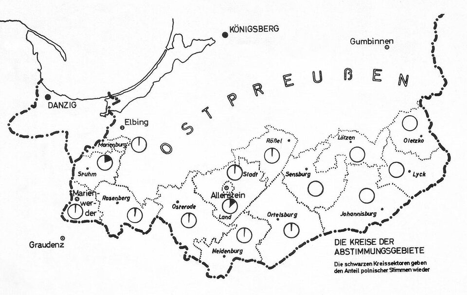 Ilustracja przedstawia wyniki plebiscytu. W Olezku, Lycku, Lotzen, Johannisburgu, Sensburgu nie było głosów za przynależnością do Polski. W Ortelsburgu, Neidensburgu, Roftel, Stadt, Ostrerode, Rosenbergu, Marienwerder i Marienburgu odsetek ten był niewielki. W Struhm i Allenstein za przynależnością do Polski opowiedziała się prawie jedna czwarta mieszkańców.