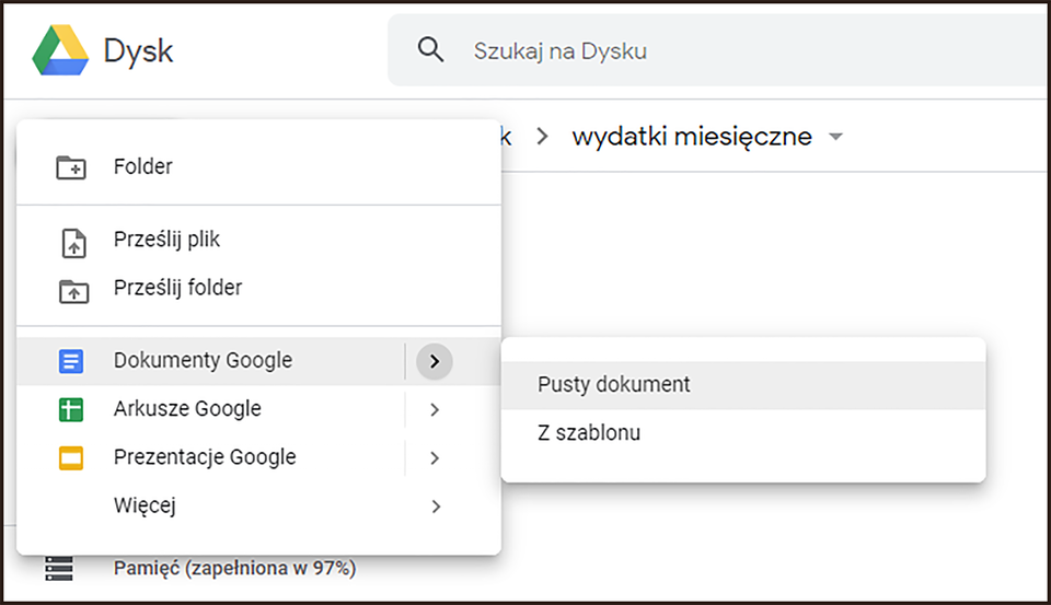 Ilustracja przedstawiająca menu dostępne po kliknięciu przycisku nowy Nowy w aplikacji Dysk Google. Wybrano opcję Dokumenty Google, a następnie Pusty dokument. 