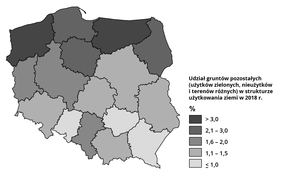 Mapa Polski przedstawia udział pozostałych gruntów. Powyżej 3% wystąpiło w województwie zachodniopomorskim i warmińsko‑mazurskim. Od 2,1 do 3% wystąpiło w województwie podlaskim, pomorskim i kujawsko‑pomorskim. Od 1,6 do 2% wystąpiło w województwie lubuskim, wielkopolskim i śląskim. Od 1,1 do 1,5% wystąpiło w województwie dolnośląskim, łódzkim, mazowieckim, lubelskim i małopolskim. Poniżej 1% wystąpiło w województwie opolskim, świętokrzyskim i podkarpackim.