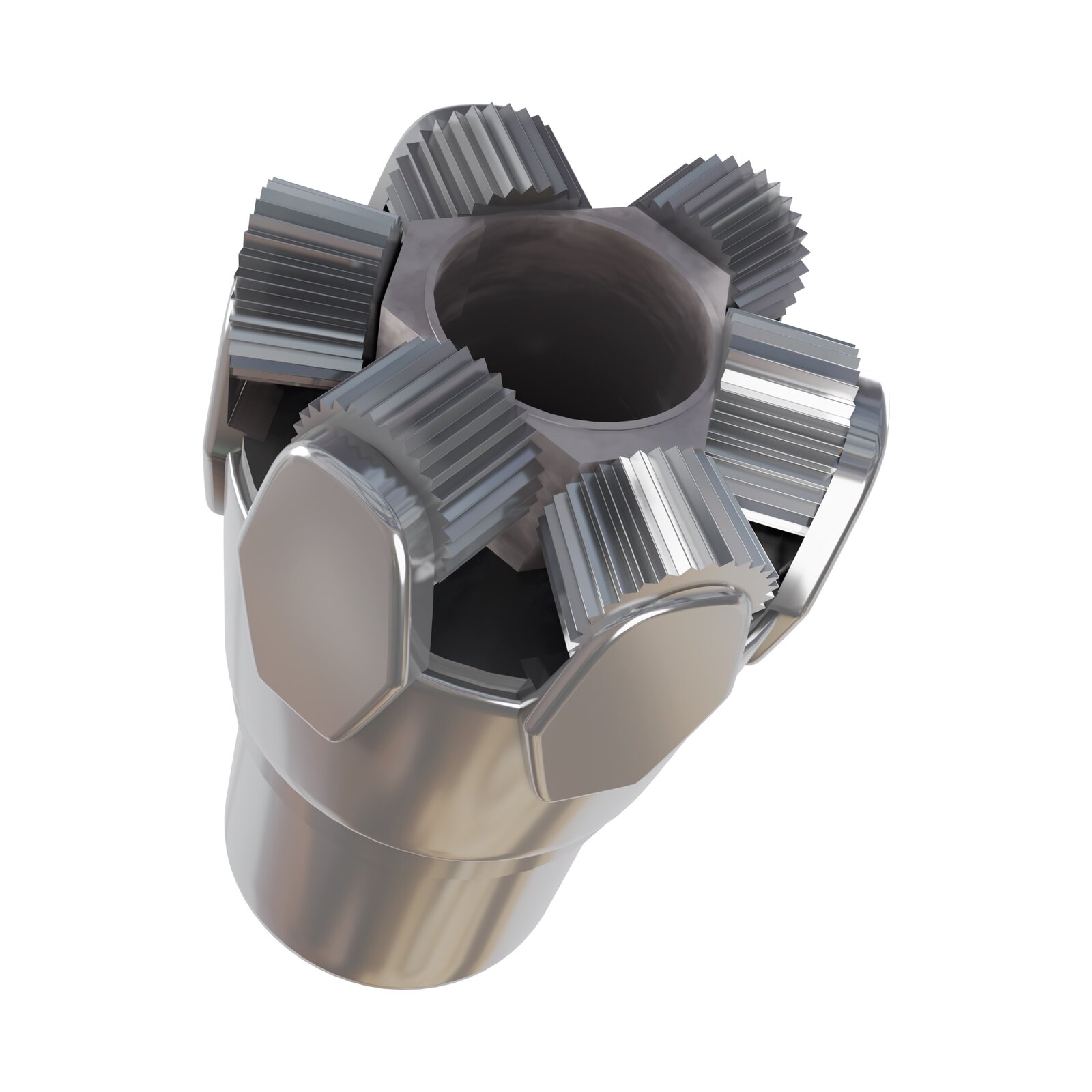 Grafika przedstawia koronkę gryzową. Koronki gryzowe niszczą strukturę skały poprzez jej kruszenie w wyniku przemiany momentu obrotowego przewodu na udary i poślizg zębów po dnie otworu. W tego typu rozwiązaniach konstrukcyjnych energia kinetyczna obrotu przemienia się w energię potencjalną o wartości niezbędnej do zniszczenia skały, przez co uzyskuje się efekt urabiania górotworu.W rzucie głównym w centralnej części ekranu widać urządzenie mechaniczne, którego podstawę stanowi czop w kształcie cylindra. Na czopie osadzony jest cylindryczny korpus, na końcu którego widać sześć łap. Na górze łapy widać okrągłą rolkę, na której znajdują się zęby. Element przypomina koło zębate.