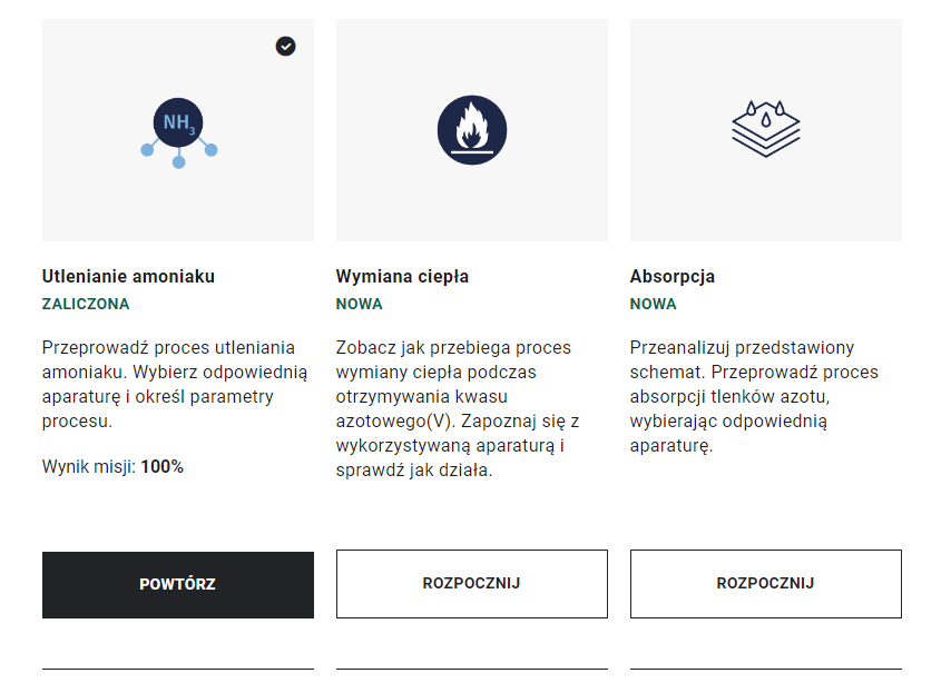 Ilustracja przedstawia trzy rodzaje misji w grze: utlenianie amoniaku, wymianę ciepła, absorpcję oraz przycisk: Rozpocznij. Przy misji Utleniania amoniaki widoczna jest ikona zielone ptaszka. Ta misja została ukończona z wynikiem 100%.