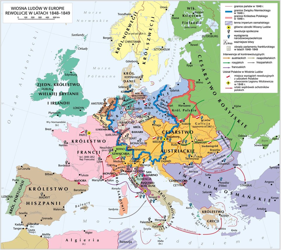 Mapa przedstawia Wiosnę Ludów w Europie od 1848 do 1849 roku. W 1848 roku Związek Niemiecki zajmował obszar Śląska, Pomorza Zachodniego, Czech, Moraw, Austrii, Trydentu, Słowenii i całego obszaru dzisiejszych Niemiec. Królestwo Polskie obejmowało wtedy obszar Mazowsza, Lubelszczyzny, północnej Małopolski, wschodniej Wielkopolski i Suwalszczyzny.  Do lenn Imperium Osmańskiego należała Serbia, Księstwo Wołoskie i Księstwo Mołdawskie. Główne ośrodki Wiosny Ludów znajdowały się w Paryżu i Wiedniu. Rewolucje społeczne miały miejsce w Peszcie, Mesynie, Palermo, Neapolu, Rzymie, Wiedniu, Modenie, Florencji, Genui, Parmie, Marsylii, Monachium, Berlinie, Hanowerze, Mediolanie, Madrycie, Bordeaux, Nantes, Paryżu, Lyonie, Dreźnie, Kilonii, Amsterdamie i Stuttgartcie. Rewolucje narodowowyzwoleńcze miały miejsce w Neapolu, Rzymie, Korfu, Belgradzie, Pradze, Poznaniu, Krakowie, Peszcie, Zagrzebiu, Wenecji, Florencji, Płowdiwie, Temeszwarze i Lwowie.  Od 1848 do 1849 roku trwały obrady parlamentu frankfurckiego. Wystąpienia rewolucyjne z udziałem Polaków odbyły się w Krakowie, Lwowie, Siedmiogrodzie, Peszcie, Wiedniu, Berlinie, Dreźnie, Florencji, Rzymie, Mediolanie, Katanii, Paryżu i Karlsruhe. W 1848 roku w Rzymie został utworzony Legion Mickiewicza, jego ochotnicy wyruszyli na Sycylię, a później do Grecji. Inni polscy ochotnicy ewakuowali się z Węgier na południowe Bałkany, a następnie do Stambułu. Podczas Wiosny Ludów dochodziło również do licznych interwencji militarnych. Austriacy interweniowali na Węgrzech, Czechach i we Włoszech. Rosjanie interweniowali na Węgrzech i w Rumunii. Francuzi interweniowali na południu swojego terytorium i we Włoszech. Hiszpanie interweniowali we Włoszech. Wojska neapolitańskie interweniowały na terytorium Królestwa Obojga Sycylii.  