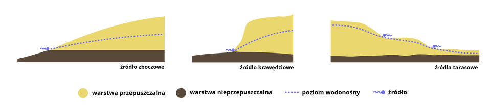 Grafika prezentuje trzy schematy: Źródło zboczowe, krawędziowe, tarasowe. Pierwszy schemat :W dolnej części schematu znajduje się warstwa brązowa, która oznacza warstwę nieprzepuszczalną, blokującą dalszy przepływ wody w dół. Nad nią widoczna jest warstwa żółta, która symbolizuje warstwę przepuszczalną, umożliwiającą swobodny przepływ wody w poziomie. Źródło zboczowe powstaje tam, gdzie warstwa żółta przepuszczalna, w której gromadzi się woda, dochodzi do powierzchni ziemi na stromym stoku lub zboczu. Woda przemieszcza się wzdłuż nachylenia warstwy przepuszczalnej, aż ostatecznie wypływa nad brązową, nieprzepuszczalną warstwą, tworząc naturalne źródło. 
Drugi schemat: W dolnej części schematu biegnie poziomo warstwa brązowa, oznaczająca warstwę nieprzepuszczalną. Nad nią znajduje się żółta warstwa przepuszczalna, przez którą woda swobodnie się przemieszcza.
Źródło krawędziowe powstaje tam, gdzie żółta warstwa przepuszczalna dochodzi do krawędzi terenu, a zgromadzona woda wypływa na powierzchnię. Brązowa warstwa nieprzepuszczalna działa jak podstawa, która uniemożliwia wodzie przeniknięcie w dół, co zmusza ją do opuszczenia żółtej warstwy w miejscu, gdzie ta osiąga skraj terenu. Układ ten można wyobrazić jako nachylony, warstwowy system, gdzie woda wychodzi na powierzchnię przy granicy przepuszczalnej żółtej warstwy i krawędzi brązowej, nieprzepuszczalnej bariery.
Trzeci schemat: Na schemacie w dolnej części tarasów, które tworzy falowana żółta warstwa znajduje się warstwa oznaczona kolorem brązowym, symbolizująca warstwę nieprzepuszczalną. Jest to podstawa, która blokuje przepływ wody w głąb. Nad nią, na każdym poziomie tarasu, widoczna jest żółta warstwa przepuszczalna, umożliwiająca wodzie przemieszczanie się i gromadzenie. Źródło tarasowe powstaje w miejscach, gdzie woda zgromadzona w żółtej warstwie przepuszczalnej wypływa na powierzchnię, dokładnie tam, gdzie warstwa żółta osiąga krawędź każdego tarasu. Wyobraź sobie, że woda płynie przez żółtą warstwę na jednym poziomie, a następnie wypływa i spływa na kolejny, niżej położony taras, tworząc kaskadowy efekt. 