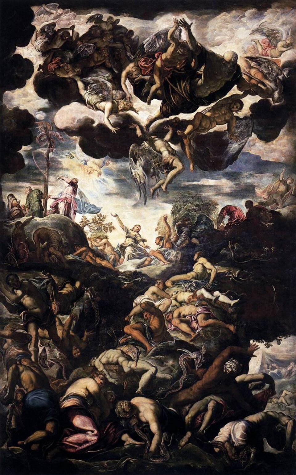 Ilustracja przedstawia dzieło Jacopo Tintoretto „Podniesienie spiżowego węża”. Obraz powstał w latach 1575‑1577. Na ilustracji znajduje się mnóstwo postaci. Możemy dostrzec chaos w przedstawionej scenie. Od góry dzieła widoczne są spadające z chmur anioły. Część z nich jest naga. Część odziana w delikatne szaty. Niebo jest w połowie rozświetlone. Widzimy jednak kilka ciemnych chmur. Poniżej znajdują się stosy mężczyzn oraz kobiet. Postacie ułożone są nieregularnie i pokrywają się wzajemnie.