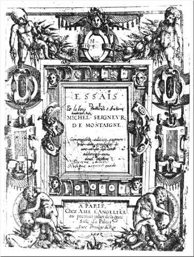 Zdjęcie przedstawia stronę tytułową książki Próby Montaigne’a wydanej w języku francuskim. Wokół tytułu znajduje się ornament z motywami roślinnymi, cherubinami
