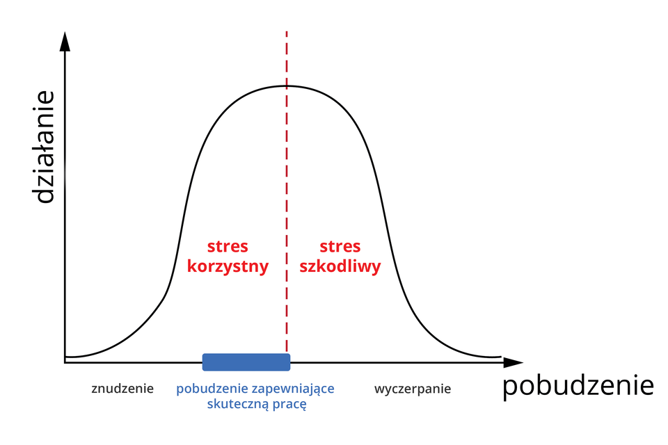Wykres w postaci krzywej dzwonowej przedstawia wpływ stresu na działanie. Oś Y wskazuje poziom działania. Oś X wskazuje poziom pobudzenia wyszczególniając trzy stopnie: znudzenie, pobudzenie zapewniające skuteczną pracę oraz wyczerpanie. Przy znudzeniu i wyczerpaniu działanie jest niskie. Gdy znudzenie maleje działanie wzrasta i osiąga najwyższą wartość pomiędzy znudzeniem a wyczerpaniem. Moment od maksymalnego znudzenia do środkowej wartości pobudzenia określony jest jako stres korzystny. Moment od środkowej wartości pobudzenia do maksymalnego wyczerpania określony jest jako stres szkodliwy. W końcowej części stresu korzystnego zaznaczony jest moment pobudzenia zapewniającego skuteczną pracę. 