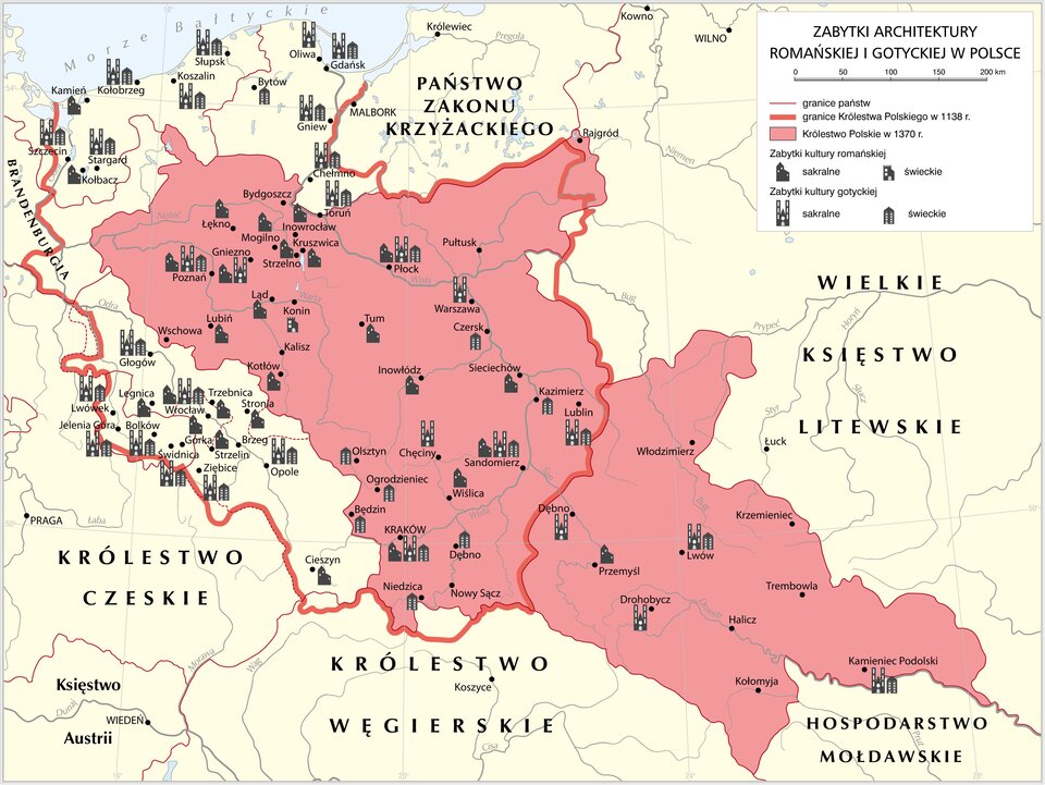 Ilustracja przedstawia mapę Królestwa Polskiego na przełomie dwunastego i czternastego wieku wraz państwami ościennymi: Królestwem Czeskim, Królestwem Węgierskim, Hospodarstwo Mołdawskie, Wielkie Księstwo Litewskie i Państwo Zakonu Krzyżackiego. Na mapie oznaczono zabytki kultury romańskiej i gotyckiej.   