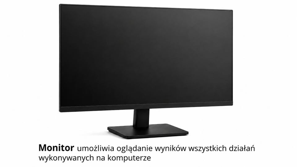 Fotografia płaskiego monitora z czarnym ekranem i czarną ramką na podstawce z opisem "Monitor umożliwia oglądanie wyników wszystkich działań wykonywanych na komputerze."