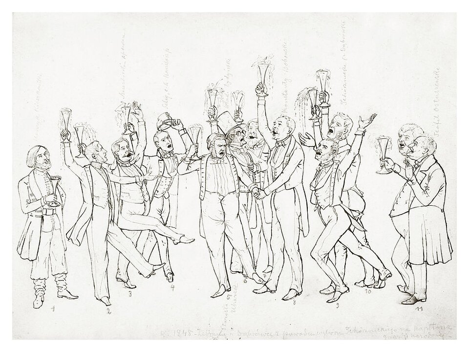 Ilustracja przedstawia grupę mężczyzn tańczących i trzymających w górze kieliszki. Mężczyźni mają otwarte usta. Ubrani są we fraki. 