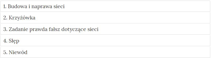 Zdjęcie przedstawia przykładowy wygląd zakładek zawierających interaktywne materiały sprawdzające. Składają się one z prostokątnych paneli umieszczonych jeden pod drugim. Każdy panel posiada numer oraz tytuł, który nawiązuje do zawartego w nim zadania.