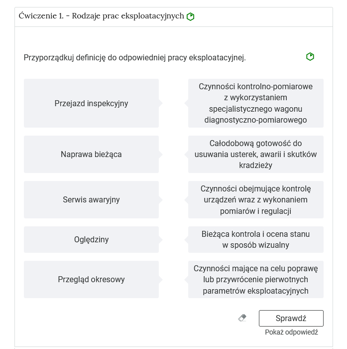 Zrzut ekranu przedstawia przykładowy wygląd zadania. Na zdjęciu widoczna jest rozwinięta zakładka z ćwiczeniem pierwszym. W zakładce zawarte jest zadanie polegające na połączeniu w pary pojęć z ich definicjami.