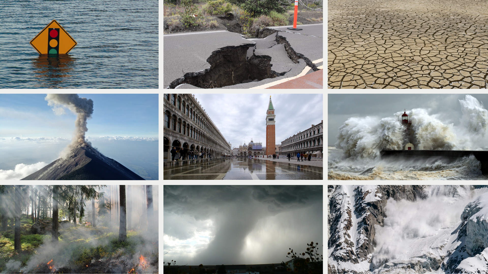 Ilustracja składa się z dziewięciu zdjęć przedstawiających różne klęski żywiołowe: powódź, osuwisko drogi, wysuszoną ziemię, erupcję wulkanu, powódź na placu św. Marka w Wenecji, fale sztormowe, płonący las, trąbę powietrzną, lawinę schodząca w górach.