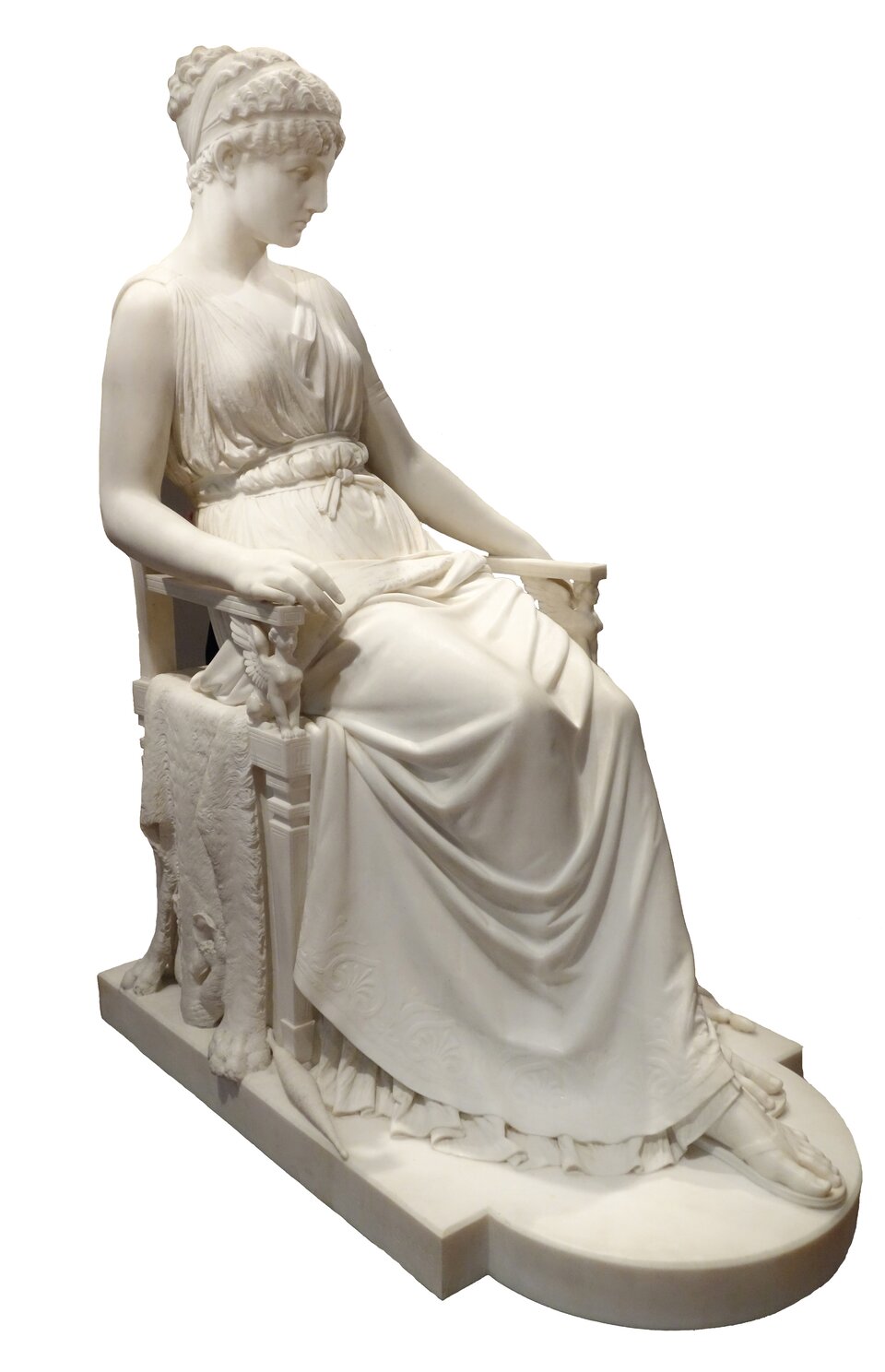 Rzeźba przedstawia siedzącą kobietę z lekko pochyloną głową. Podłokietniki fotela przypominającego tron wspierają się na figurkach sfinksów. Penelopa siedzi na skórze pumy. Ramiona kobiety są wsparte na poręczach. Kobieta ma lekko falowane włosy, spięte opaską. Ubrana jest w peplos – spinaną na ramionach suknię, przewiązaną w pasie. Twarz kobiety wyraża smutek. Z kolan zwisa luźno szata. U jej stóp leży wrzeciono. 