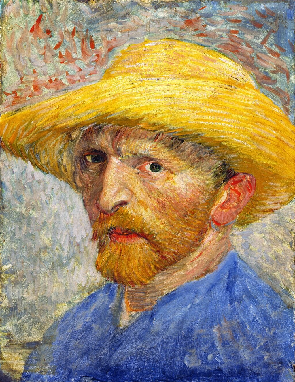 Obraz przedstawia autoportret Vincenta van Gogha. Ma na głowie żółty kapelusz z okrągłym, zakrzywionym do góry, rondem. Ma rude, krzaczaste brwi i brązowe oczy spoglądające na odbiorcę oraz duży, lekko zakrzywiony nos i rudą brodę. Ubrany jest w niebieską koszulę. Ukazany jest od ramion w górę. Tułów skierowany ma w lewą stronę, a głowę odwróconą w stronę odbiorcy. Tło jest zamazane, przeważają błękitne i czerwone kolory.