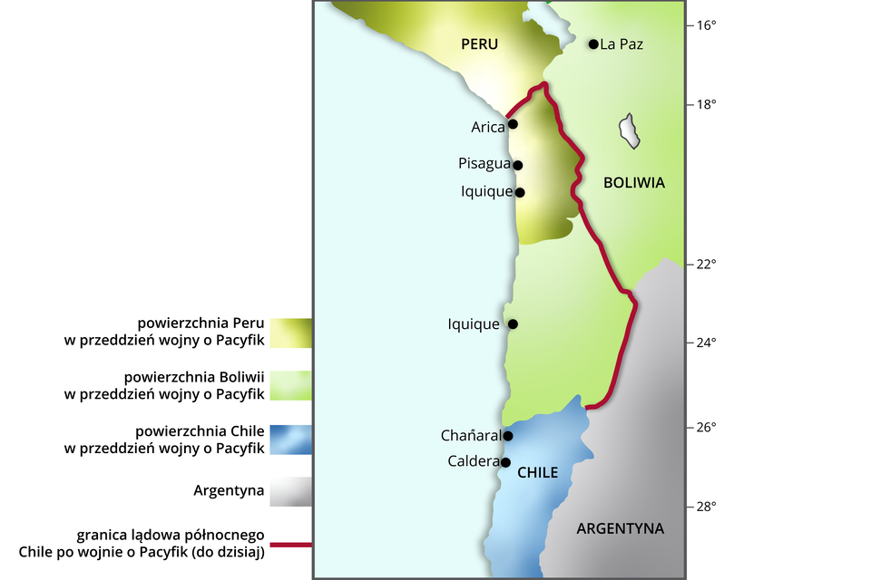 Ilustracja przedstawia przebieg granic Boliwii. Na mapie zaznaczono granicę lądowa północnego Chile po wojnie o Pacyfik do dzisiaj - jest oddalona od Pacyfiku. Powierzchnia Chilew przeddzień wony o Pacyfik przebiegała do miasta  Chañaral. Powierzchnia Boliwii w przeddzień wojny o Pacyfik obejmowała obszar na północ od miasta    Chañaral  w Chile, z miastem   Iquique na północ. Powierzchnia Peru w przeddzień wojny od Pacyfik obejmowała miasta leżące wzdłuż wybrzeża Pacyfiku na południu Peru - Iquique,   Pisaqua,  Arica.           