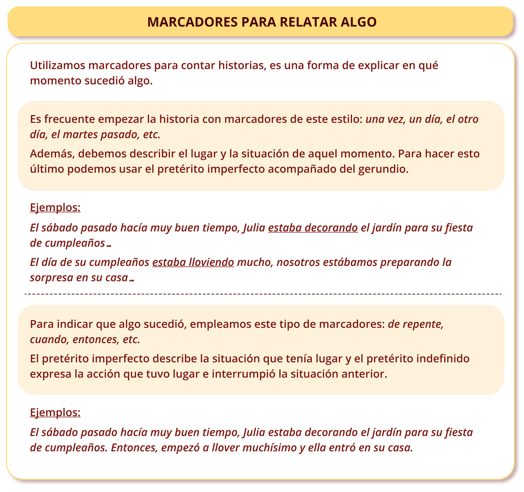Grafika jest zatytułowana MARCADORES PARA RELATAR ALGO i zawiera następujące informacje: Utilizamos marcadores para contar historias, es una forma de explicar en qué momento sucedió algo.  Es frecuente empezar la historia con marcadores de este estilo: una vez, un día, el otro día, el martes pasado, etc.   Además, debemos describir el lugar y la situación de aquel momento. Para hacer esto último podemos usar el pretérito imperfecto acompañado del gerundio.   Ejemplos:  El sábado pasado hacía muy buen tiempo, Julia estaba decorando el jardín para su fiesta de cumpleaños… El día de su cumpleaños estaba lloviendo mucho, nosotros estábamos preparando la sorpresa en su casa…  Para indicar que algo sucedió, empleamos este tipo de marcadores: de repente, cuando, entonces, etc. El pretérito imperfecto describe la situación que tenía lugar y el pretérito indefinido expresa la acción que tuvo lugar e interrumpió la situación anterior.  Ejemplos: El sábado pasado hacía muy buen tiempo, Julia estaba decorando el jardín para su fiesta de cumpleaños. Entonces, empezó a llover muchísimo y ella entró en su casa.