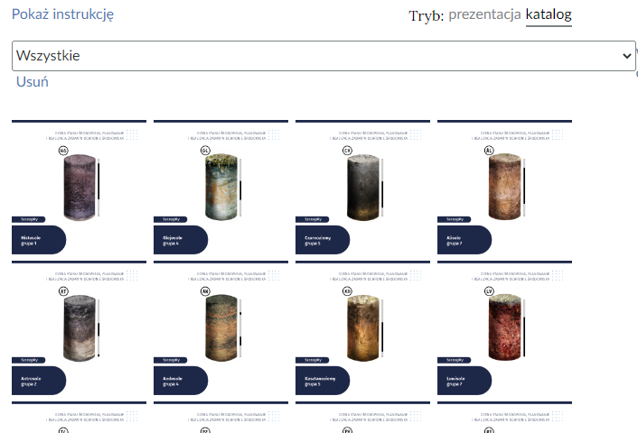 Ilustracja przedstawia zrzut ekranu z planszą interaktywną. Na górze jest hiperłącze Pokaż instrukcję oraz informacja: Tryb: prezentacja katalog. Pod spodem jest zakładka z napisem Wszystkie. Niżej hiperłącze Usuń. Pod spodem widoczna jest plansza przedstawiająca podpisane paski zróżnicowania przekroju gleby.