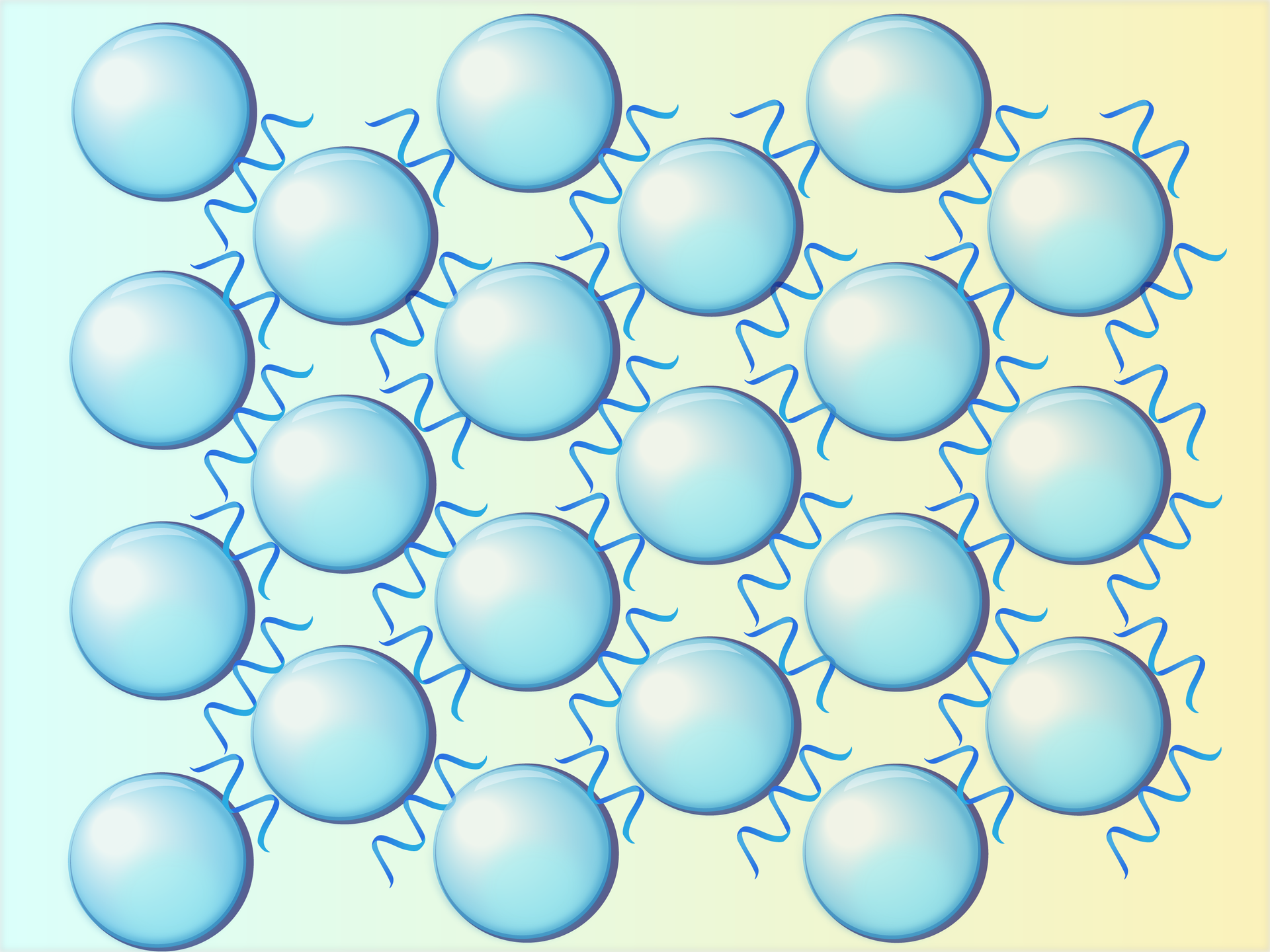 Ilustracja przedstawiająca schematycznie wynik ubijania białka. Na rysunku znajduje się duża ilość znajdujących się w niedużych odległościach kulek, które odpowiadają pęcherzykom powietrza oraz spora ilość bardzo krótkich helikalnych łańcuchów białkowych, które oddzielają wspomniane pęcherzyki. Stabilizując strukturę piany.
