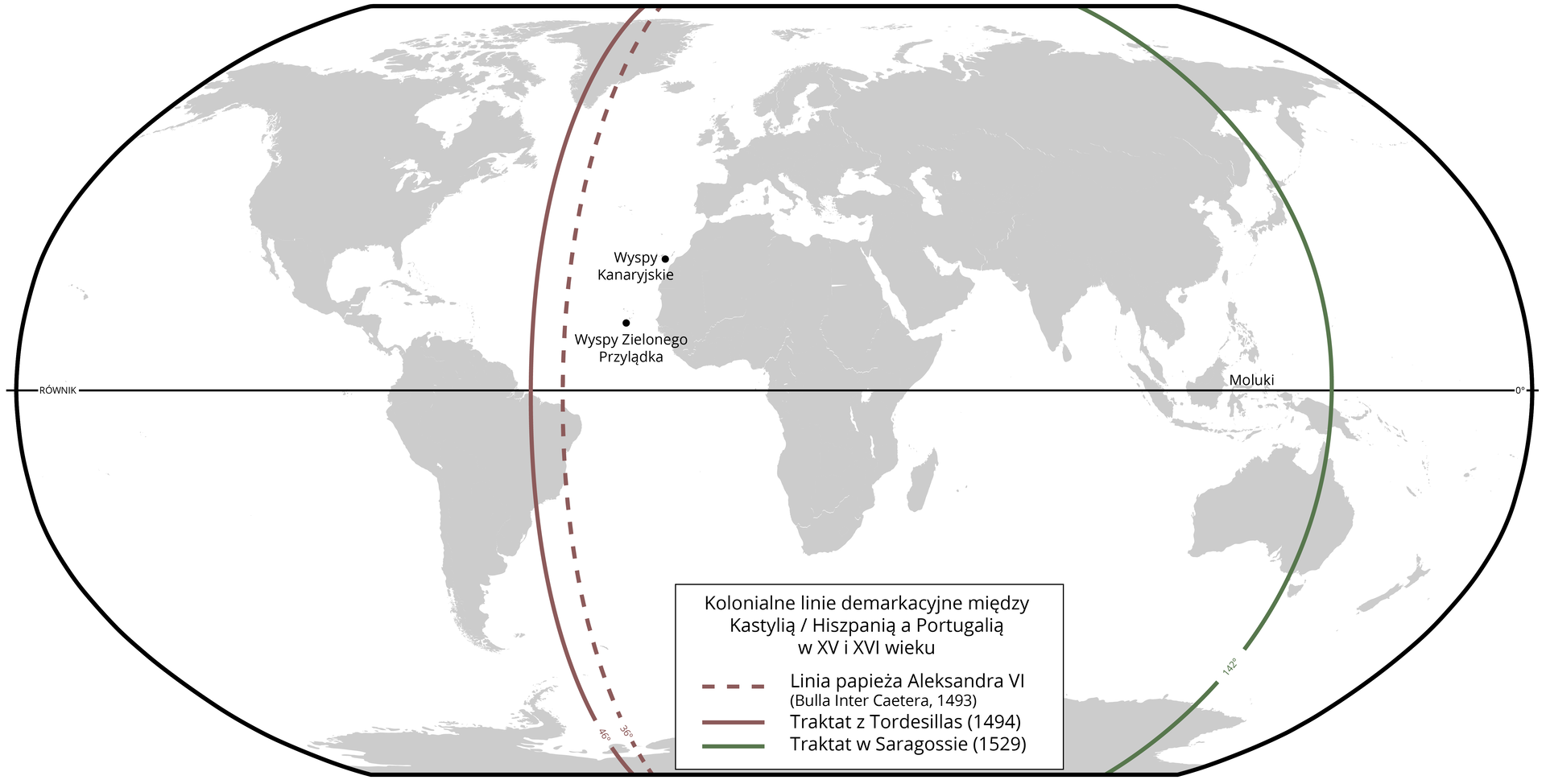 Ilustracja przedstawia mapę świata z opisanymi po zachodniej stronie Afryki wyspami: Wyspy Kanaryjskie i Wyspy Zielonego Przylądka. Mapa prezentuje kolonialne linie demarkacyjne między Kastylią / Hiszpanią a Portugalią w XV i XVI wieku. Linia papieża Aleksandra VI przebiega po lewej stronie wysp w osi Północ-Południe. Linia Traktatu z Torsdesillas (1494) przebiega po jej lewej stronie. Linia Traktatu w Saragossie (1529) przebiega przez Australię w osi Północ-Południe.